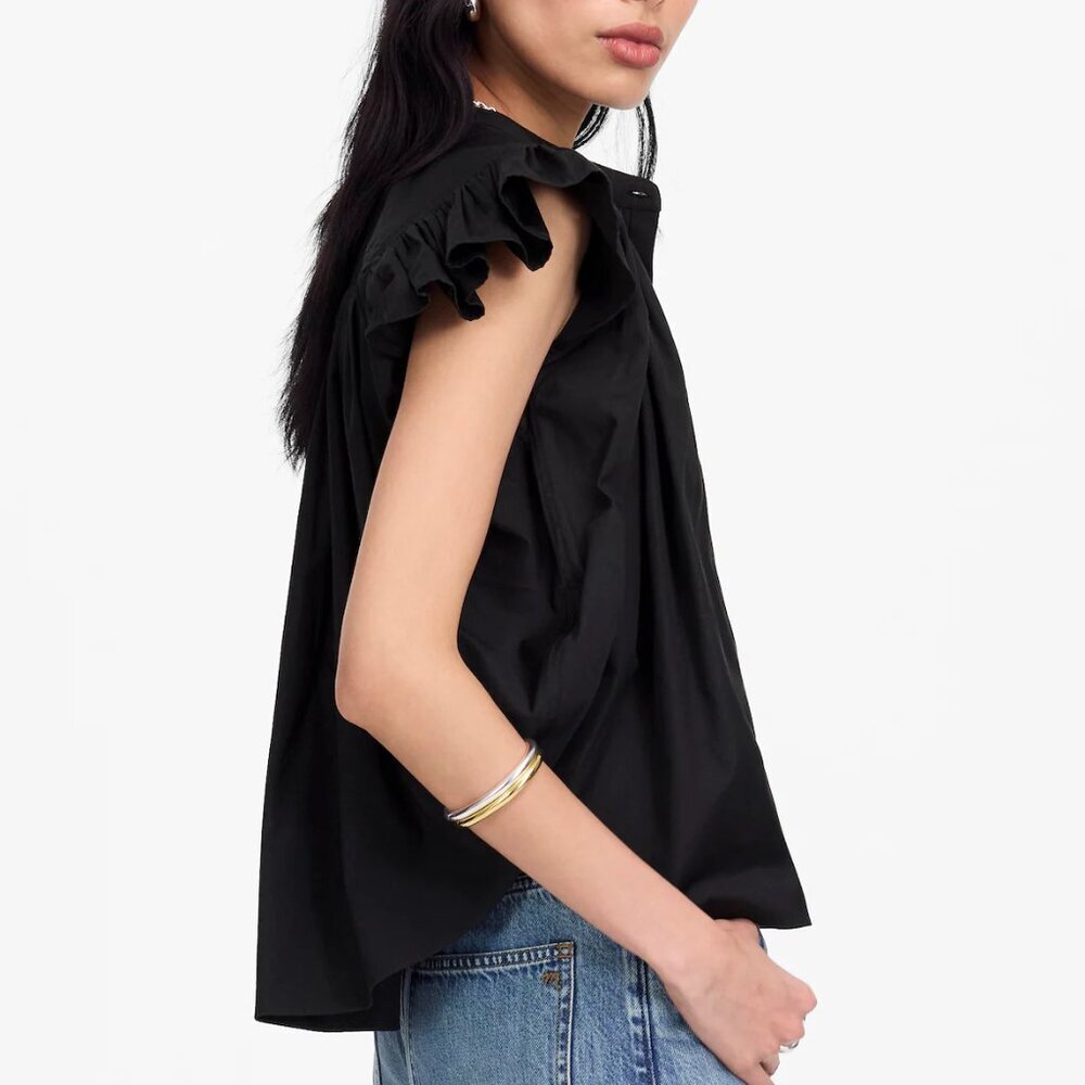 Madewell Poplin Shirred Button Up Cotton Short Sleeve Shirt Black Size XL NWT - Picture 3 of 8